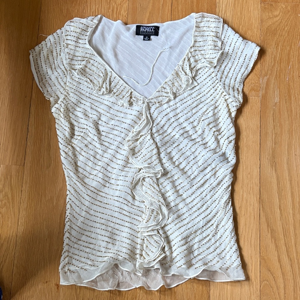 Adrianna Papell Cream Short Sleeve Ruffle V-Neck Top with Metallic Stripes